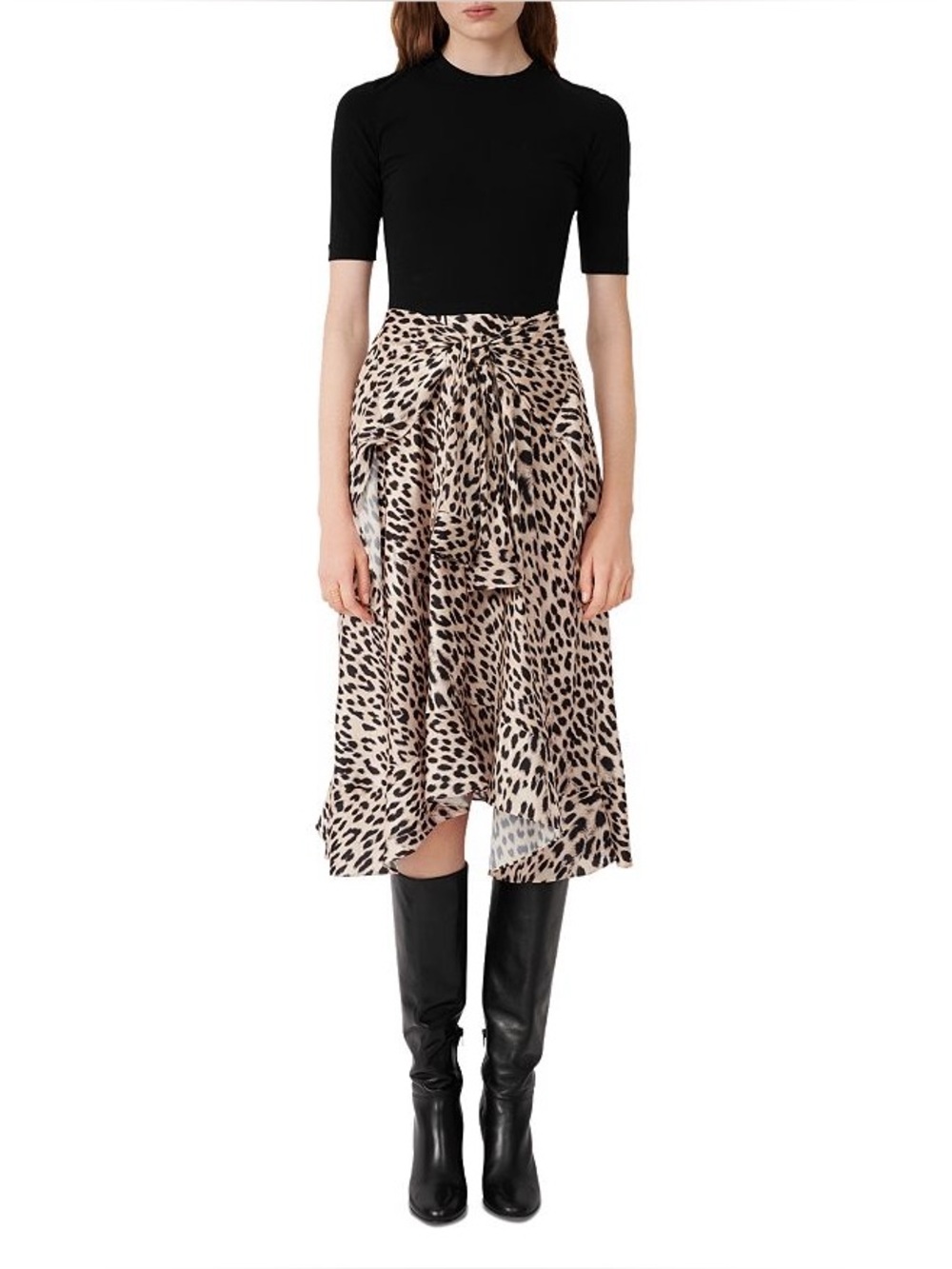 Maje Rapri Knit & Leopard Print Satin Midi Dress